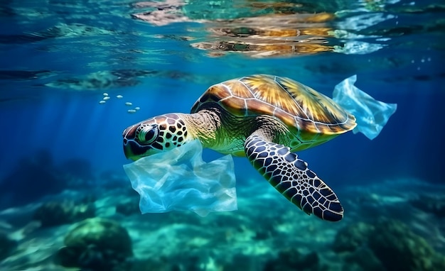 L'inquinamento da plastica negli oceani è un problema ambientale Le tartarughe possono mangiare sacchetti di plastica