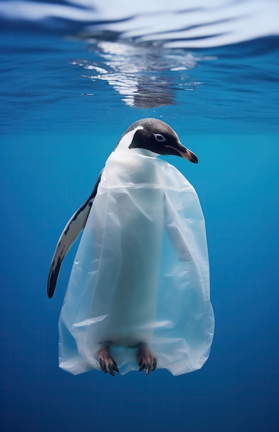 L'inquinamento da plastica nell'oceano è un problema ambientale Il pinguino è vestito in un sacchetto di plastica