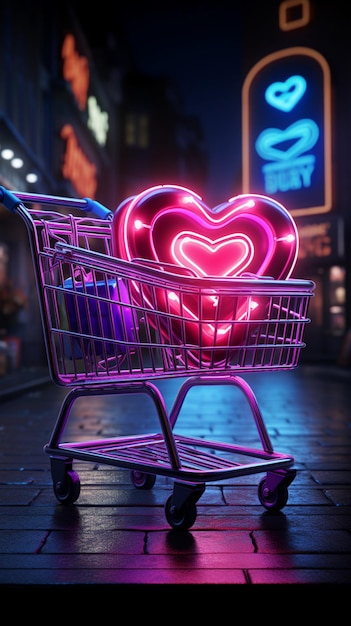 L'insegna al neon dello shopping di San Valentino brilla con borse e carrelli che evocano il romantico shopping al dettaglio Vertical M