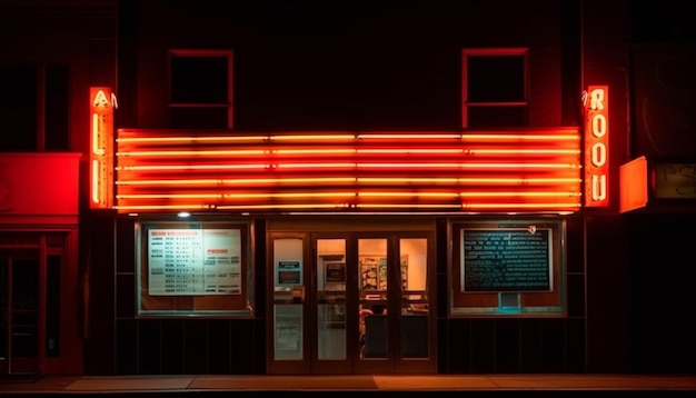 L'insegna al neon luminosa illumina l'ingresso del bar di notte generato dall'intelligenza artificiale