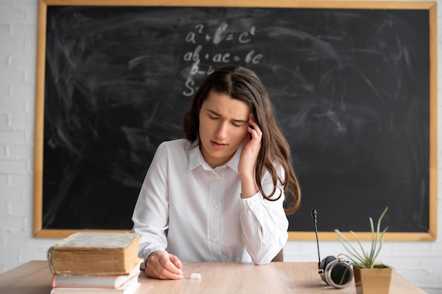 L'insegnante di classe seduto davanti alla lavagna si tiene la testa con le mani e soffre di emicrania e mal di testa Stress sul lavoro e dolore in una donna Dipendenza dal tempo e problemi di salute