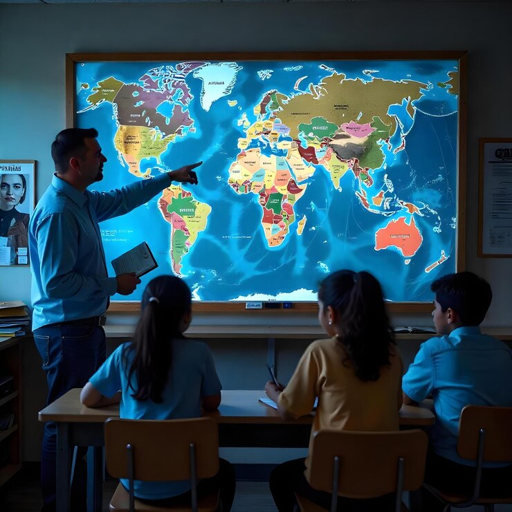 L'insegnante spiega i concetti di geografia agli studenti
