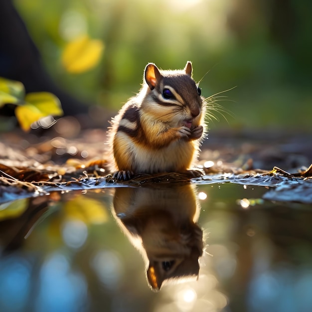 L'intelligenza artificiale dello scoiattolo in un riflesso della foresta catturato in modo impeccabile nell'acqua in un colorato dipinto a olio