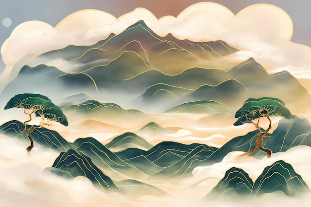 L'intelligenza artificiale genera la pittura di paesaggio cinese con inchiostro a colori feng shui