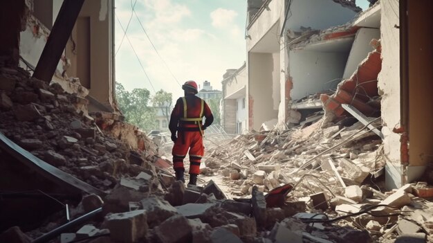 L'intelligenza artificiale generativa e un soccorritore in uniforme cercano i sopravvissuti negli edifici della città danneggiati dal terremoto