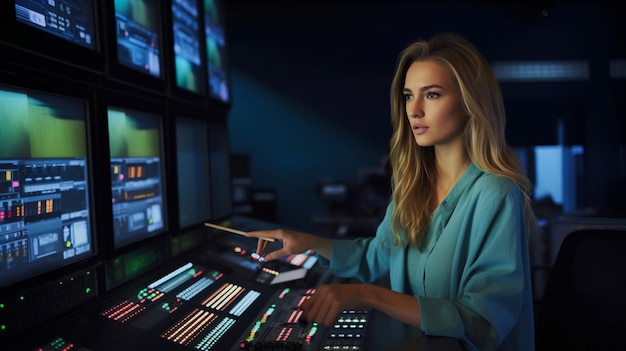 L'intelligenza artificiale generativa è una giovane donna meravigliosa che lavora in una sala di controllo delle trasmissioni per una stazione televisiva