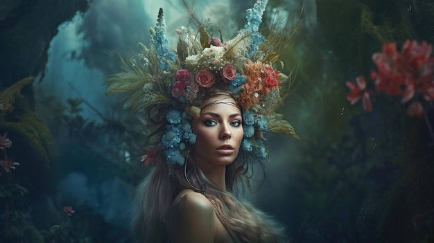 L'intelligenza artificiale generativa ha creato questo ritratto surreale di una donna con un copricapo di fiori in mezzo a una foresta surreale