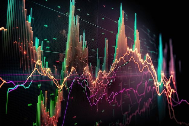 L'intelligenza artificiale generativa, le linee del grafico del mercato azionario, il grafico finanziario su sfondo astratto tecnologico rappresentano