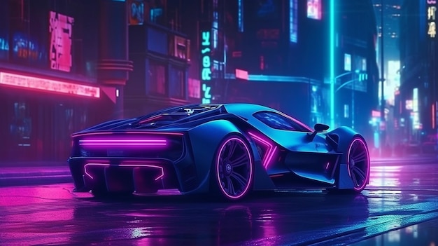 L'intelligenza artificiale generativa, un'automobile sportiva futuristica in una città al neon e un'idea cyberpunk