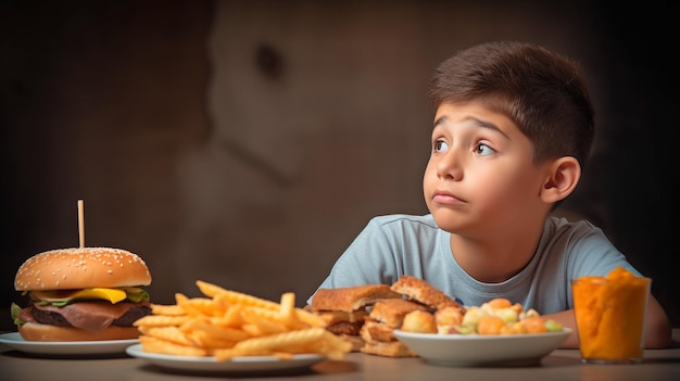 L'intelligenza artificiale generativa una dieta medica giovanile riguarda il cibo nutriente presentato come una vista laterale di un bambino grassoccio e medio con uno stomaco fatto di cibo spazzatura o componenti salutari