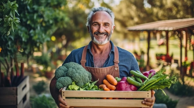 L'intelligenza artificiale generativa, una piccola impresa in serra, è rappresentata da un agricoltore contento che tiene in mano una scatola piena di verdure mature appena raccolte