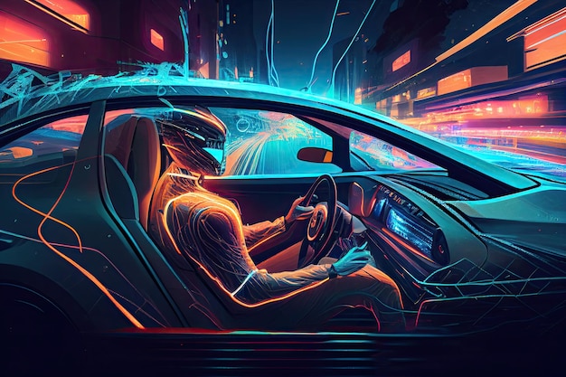 L'intelligenza artificiale gestisce l'auto di trasporto senza conducente AI Cyber Generative AI Illustration