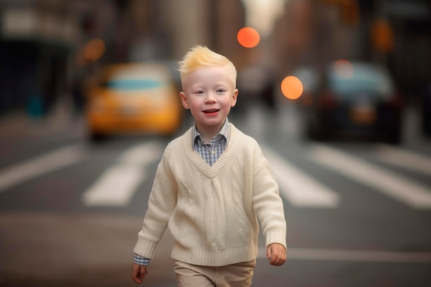 L'intelligenza artificiale ha generato il ritratto di un bambino albino felice, autentico, gioioso, sullo sfondo di una strada urbana