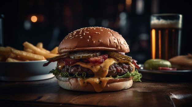 L'intelligenza artificiale ha generato l'illustrazione di un appetitoso cheeseburger, un contorno di patatine fritte dorate