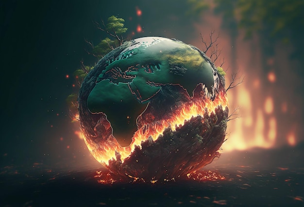L'intelligenza artificiale ha generato l'illustrazione di un globo in fiamme su uno sfondo scuro, che simboleggia il riscaldamento globale