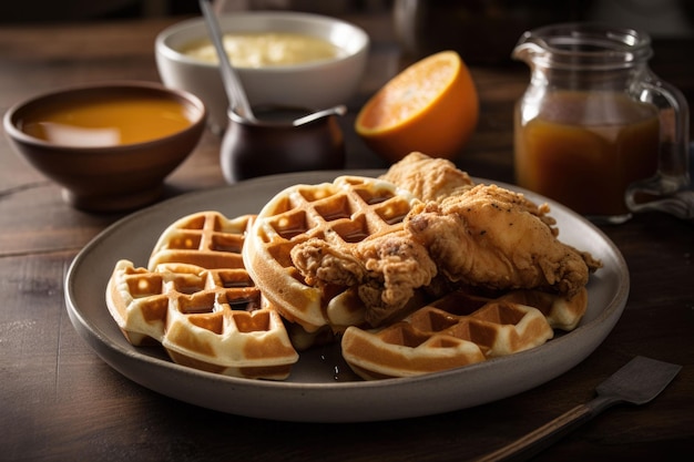 L'intelligenza artificiale ha generato l'illustrazione di un piatto di un pasto di pollo e waffle appena cucinato su un tavolo di legno