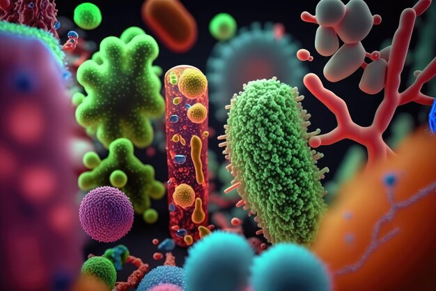 L'intelligenza artificiale ha generato l'illustrazione medica dell'isolamento delle cellule tumorali dei batteri del virus dei batteri di diversi colori