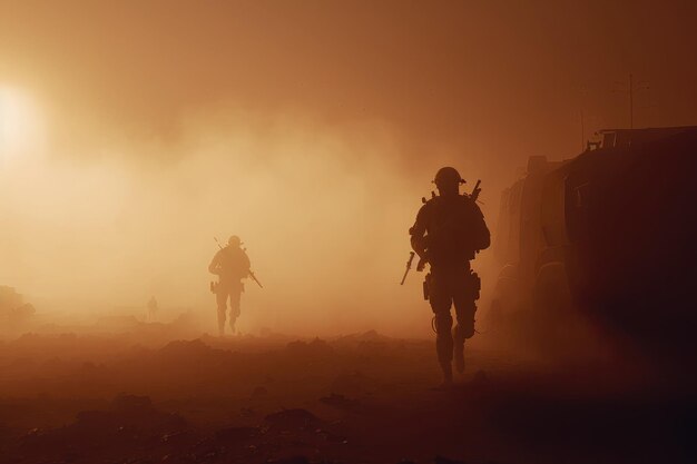 L'intelligenza artificiale ha generato sagome di soldati dell'esercito che attaccano in fumo contro la squadra di marines al tramonto in azione