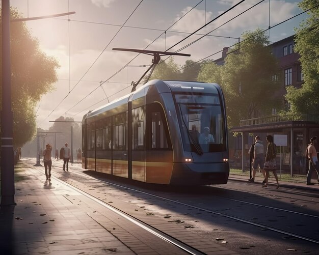 L'intelligenza artificiale ha generato un tram che attraversa il centro di una città mentre i pedoni camminano tranquilli