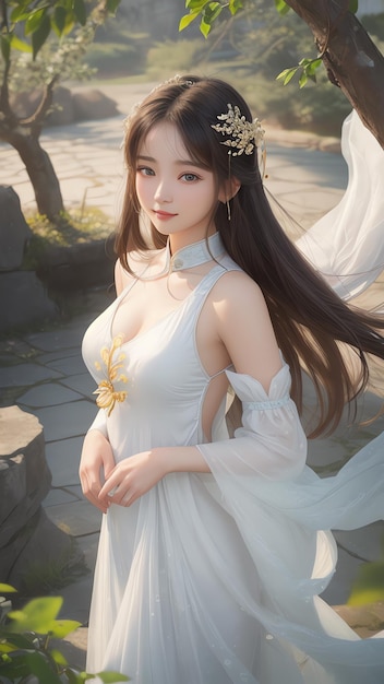 L'intelligenza artificiale ha generato una ragazza elegante con fantasia wuxia in abito bianco