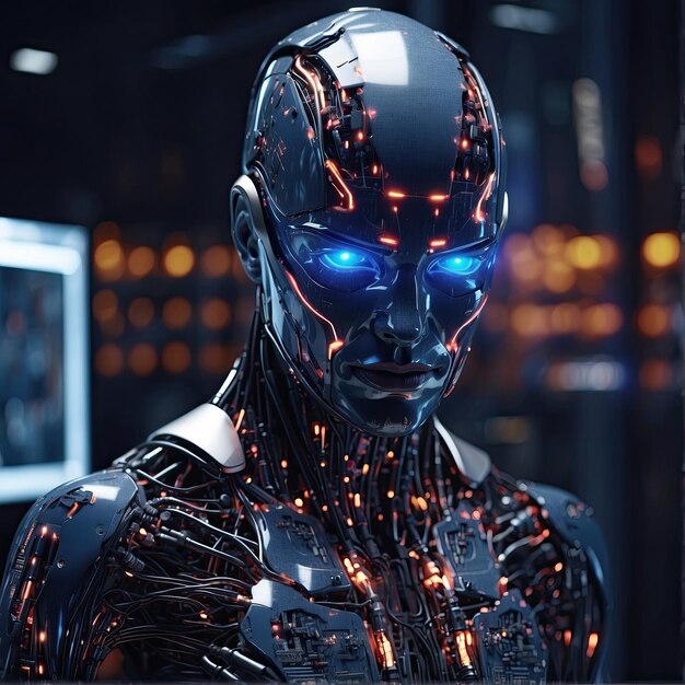 L'intelligenza artificiale nel corpo di un cyborg umanoide guarda attraverso una lente