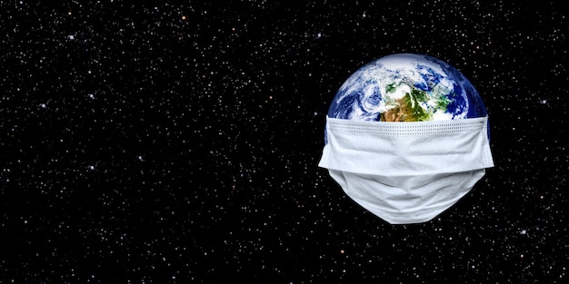 L'intera terra è messa in quarantena, la terra indossa una maschera sul bianco