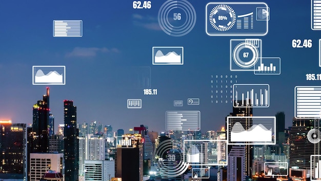 L'interfaccia analitica dei dati aziendali sorvola la città intelligente mostrando il futuro dell'alterazione