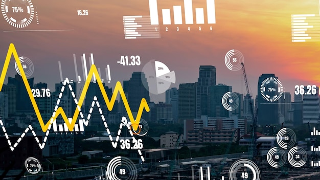 L'interfaccia analitica dei dati aziendali sorvola la città intelligente mostrando il futuro dell'alterazione