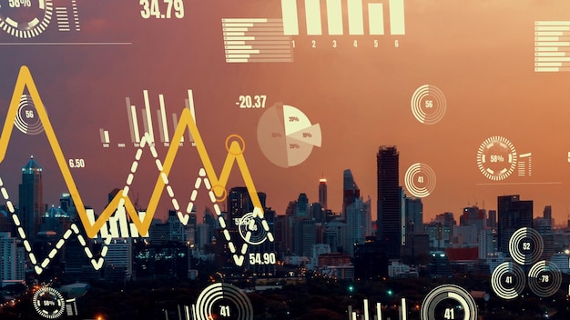 L'interfaccia analitica dei dati aziendali sorvola la città intelligente mostrando il futuro dell'alterazione