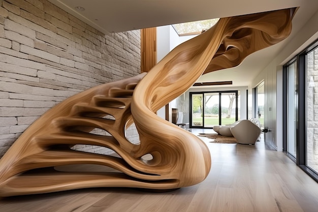 L'interior design contemporaneo in una nuova casa presenta eleganti scale fatte di legno di cenere organico