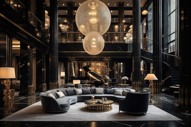 L'interior design dell'atrio di un hotel di lusso 3D Rendering L'interno di lusso di un'atrio di un hotel AI Generato