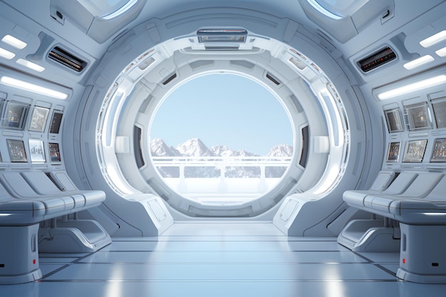 L'interno bianco brillante di un'astronave è possibile vedere il terreno attraverso la finestra dell'IA generativa