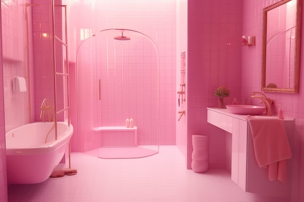 L'interno del bagno di lusso bagno a tema rosa bagno di colore rosa AI generato