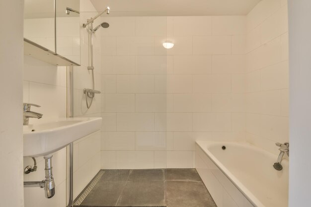 L'interno del bagno di una casa moderna con vasca doccia e lavabo