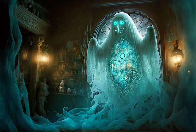 L'interno del castello oscuro mistico con uno spirito fantasma