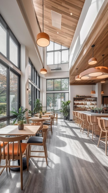 L'interno del ristorante con una grande vetrata e un bancone in legno con una fila di tavoli e sedie.