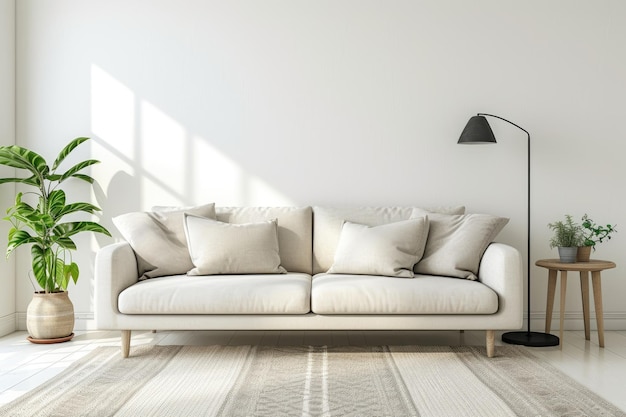 L'interno del soggiorno moderno luminoso e confortevole ha un divano e una lampada sullo sfondo bianco della parete