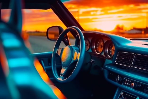 L'interno dell'auto con il sole che tramonta in lontananza dietro di essa IA generativa