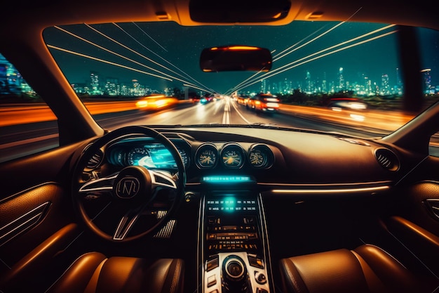 L'interno dell'auto di notte con le luci della città sullo sfondo IA generativa