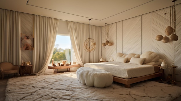 L'interno della camera da letto di lusso in tono beige con modello geometrico parete in legno e tappeto di alpaca Generative AI AIG27