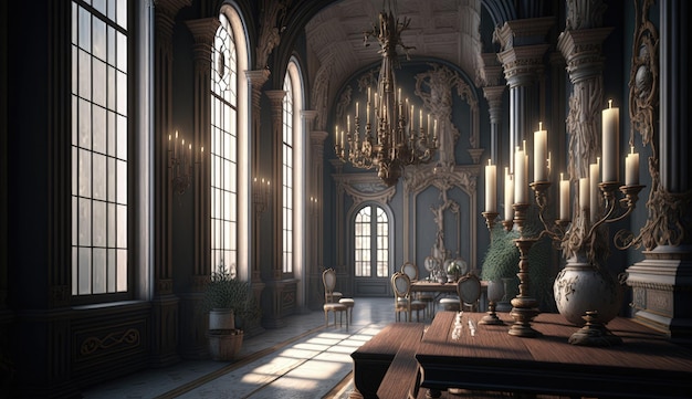 L'interno della camera da letto in stile barocco presenta un magnifico camino con un mantello scolpito circondato da lussuose sedute e intricati dettagli in tutta la stanza Generato da AI