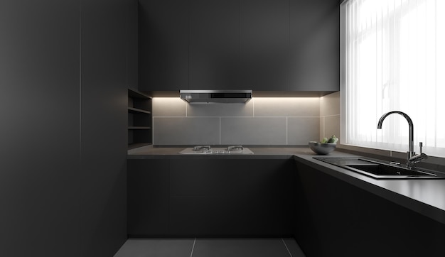 L'interno della cucina è in stile moderno, tono grigio scuro, luce naturale. illustrazione 3D