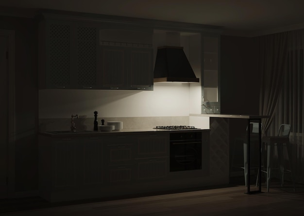 L'interno della cucina in una casa privata. Cucina verde chiaro in stile classico. Notte. Illuminazione serale. Rendering 3D.