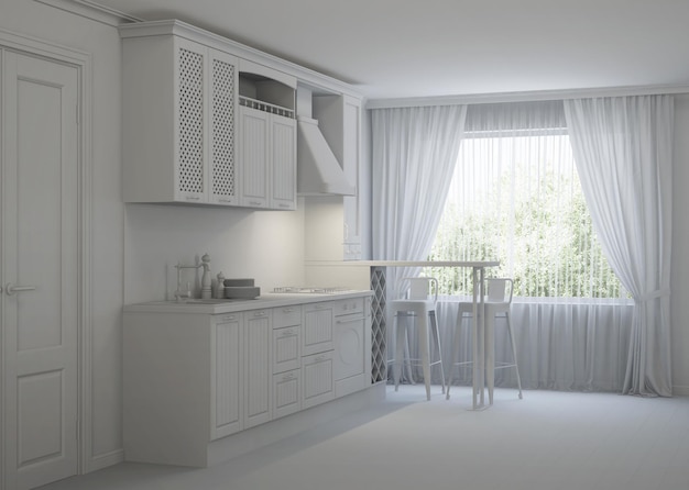 L'interno della cucina in una casa privata. rendering 3D.