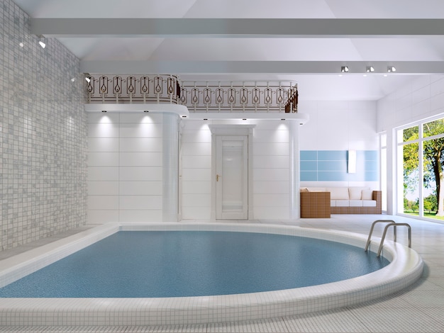 L'interno della piscina in una casa privata è in stile moderno. Rappresentazione 3D.