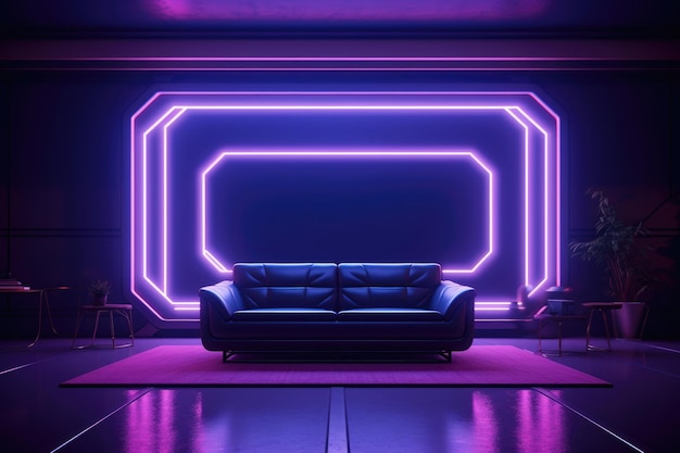 L'interno della stanza con illuminazione al neon viola Divano in una stanza con interni minimi