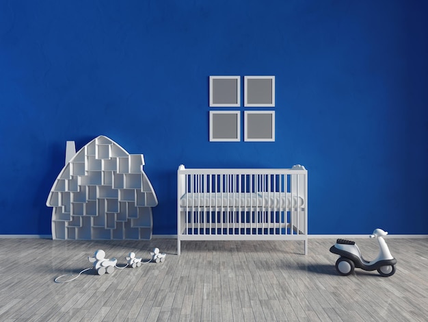 L'interno della stanza dei bambini è blu Mobili e giocattoli bianchi Rendering 3d