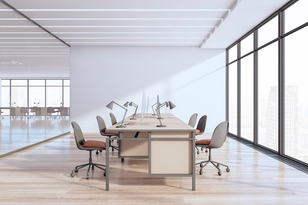 L'interno di uffici e sale riunioni di lusso in vetro bianco con pavimenti in parquet in legno, finestre panoramiche e mobili 3D Rendering
