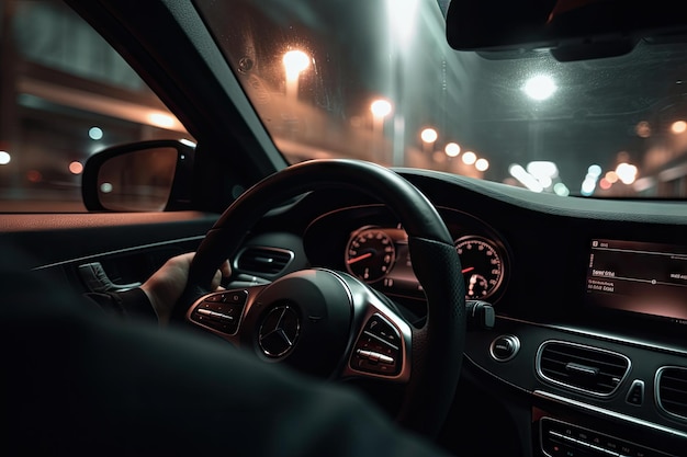 l'interno di un'auto di notte con le luci accese e lo sterzo illuminato nella vista anteriore