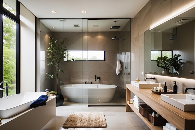 L'interno di un bagno con un grande lavandino e una doccia in una casa moderna